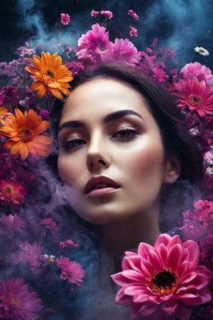 galaxy of flowers and dense smoke, photography, surreal garden, cinematics, shadows and lights, lots of color, background of a woman's face, diffusion, 8k.