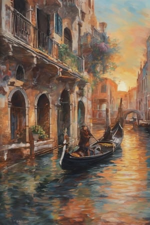 Landscape painting of ancient Venice,large canal,

man on his gondola,

Beautiful sunset,

the sun reflects on the water,

bucolic afternoon over Venice,



Italy. saws. city ​​in the background. wide angle. High detail. paint on canvas,

very detailed reflections,

a painting by the best painter on canvas,

of exposition,