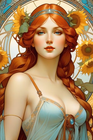 Realistic photo, thin body, detailed, Alphonse Mucha, thin female body, Leonardo da Vinci, redhead, her face with freckles, detailed porousness of the face, ultra-detailed, highlighting her beauty, braided hair, carrot color, thin open shirt, shows through her breasts, sensual neckline, pale blue eyes, smoky makeup, shorts, long legs, top view, sensual, very attractive, with a naive touch, Alphonse Mucha, floral background, with many sunflowers, very strong colors that highlight the female figure, something heavenly and magical, voltage, contrasts, perfect lighting, photorealistic. .