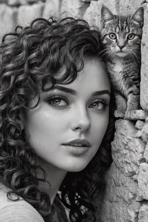 A beautiful young woman with curly hair poses next to the face of a cat, drawn on a stone wall in the form of graffiti.

(((black and white drawing))),

Dirk Dzimirsky,Jeanette Sirois,



very detailed face, porosity,

Ultra High Definition,

realistic,

vivid colors,

Very detailed,

UHD drawing,

pen and ink,

perfect composition,

Beautiful, detailed, intricate and incredibly detailed octane rendering that is trending on artstation,

8k art photography,

photorealistic conceptual art,

Smooth natural volumetric cinematic perfect light,

(((black and white art, photorealistic)))