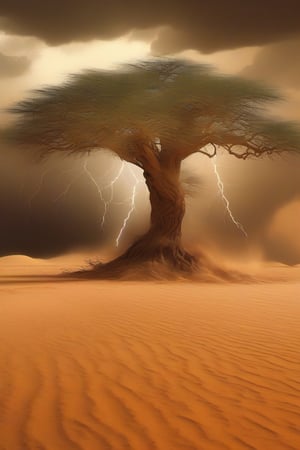 several baoba trees (tree of life), sandy terrain, swirls, windy, running animals, details, color, intensity, desert characteristics, little vegetation, background of a storm, lightning, lighting, light and darkness, chaotic afternoon in Africa , many birds flying, chaos, photographic, cinematic, hyperrealistic, 18k