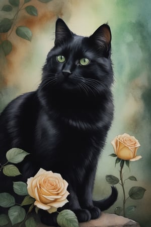 vanessa stockard,

art in watercolor painting,

Closeup of a beautiful black cat with soft green eyes,

top of the line roses,

night atmosphere,

Darker grunge fantasy elements reminiscent of the style of an ancient masterpiece of the greatest painters in watercolors,

Trails of small golden dots that add texture,

blurred perspective,

vintage movie aesthetic,

central focus,

digital paint,

ultra-fine details,

Dramatic lighting,