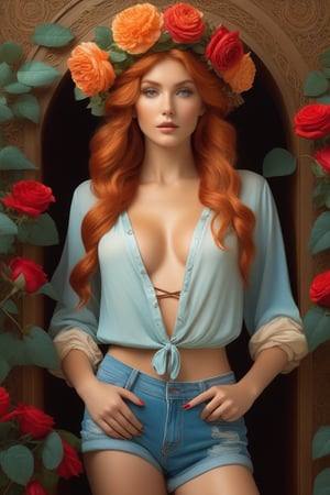 Realistic photo, slim body, detailed, Alphonse Mucha, slim female body, Leonardo da Vinci, ginger, freckles, braided hair, carrot color, thin open shirt, sensual neckline, pale blue eyes, smoky makeup, shorts, long legs, view superior, sensual, very attractive, with a naive touch, Alphonse Mucha, floral crown of red roses, very strong colors that highlight the female figure, something heavenly and magical, voltage, contrasts, perfect lighting, photorealistic