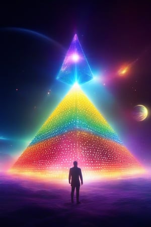 Diamond pyramid with dots shooting lights, like rays of light, rainbow colors, towards the sky, cosmic, planets and aliens, surreal sci-fi movie, 4k