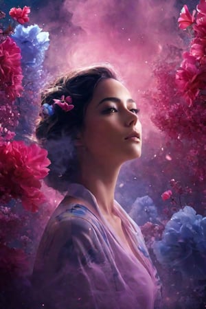 galaxy of flowers and dense smoke, photography, surreal garden, cinematics, shadows and lights, lots of color, background of a woman's face, diffusion, 8k.