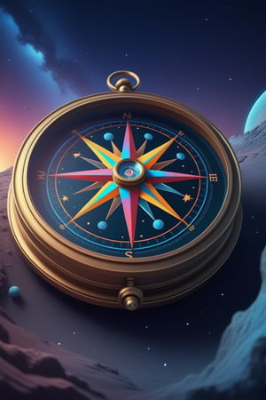 a compass in the starry sky, fantasy, planets, mysterious, surreal, with fine details, composition, surreal colors, science fiction film, 8k.,thm style