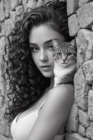 A beautiful young woman with curly hair poses next to the face of a cat, drawn on a stone wall in the form of graffiti.

(((black and white drawing))),

Dirk Dzimirsky,Jeanette Sirois,



very detailed face, porosity,

Ultra High Definition,

realistic,

vivid colors,

Very detailed,

UHD drawing,

pen and ink,

perfect composition,

Beautiful, detailed, intricate and incredibly detailed octane rendering that is trending on artstation,

8k art photography,

photorealistic conceptual art,

Smooth natural volumetric cinematic perfect light,

(((black and white art, photorealistic)))