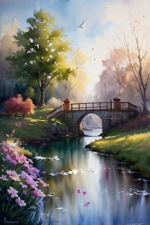 Watercolor painting of a dreamy spring scene in the style of Willem Haenraets,

with a beautiful water mill, with a ferris wheel,

next to a stream that reveals the rock bottom,

all wrapped in a profusion of vibrant flowers,

using soft and bright colors,

soft focus,

centered,

shadow effect,

glitter effect,

intricate details,

Very detailed,

by Greg Rutkowski,

trend on ArtStation,

glitter effect,

soft focus,

watercolor,

brushstrokes worthy of the best watercolorist,

exhibition Greg Rutkowski, Willem Haenraets