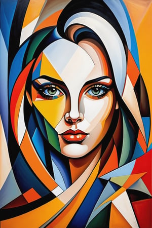 portrait of the face of a young woman, oil painting, cubist style, colorful abstract background, mixed technique, hyperrealistic touch of color, very detailed, colorful and abstract, pictorial work of art, a lot of dynamics in the details, extremely detailed