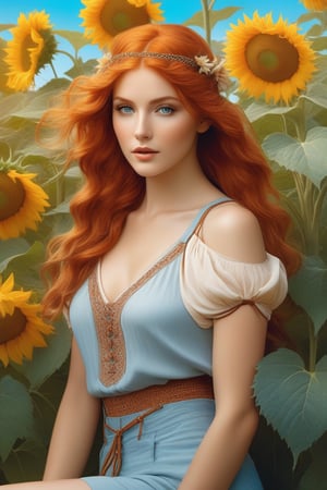 Realistic photo, slim, detailed body, Alphonse Mucha, slim female body, Leonardo da Vinci, redhead, her face with freckles, highlighting her beauty, braided hair, carrot color, thin open shirt, sensual neckline, pale blue eyes, smoky makeup, shorts, long legs, top view, sensual, very attractive, with a naive touch, Alphonse Mucha, floral background, with many sunflowers, very strong colors that highlight the female figure, something heavenly and magical, voltage, contrasts, perfect lighting, photorealistic .