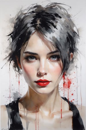 Figurative portrait of a beautiful, creepy girl with short gray hair. Milky gray eyes. Soft red lips. Black cover. Very sensual and attractive face, white background. Dramatic brushstrokes,

muted colors of cold tones,

Light and movement in impressionist style. Paint streaks. By Carne Griffiths,

russian mills,

Mark Deamstader,

Andrés lies,

wadim kashin,

degas,

monet. Very sensual expression. Impressionist emotional portrait. uhd