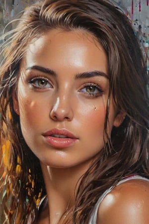 A beautiful young woman,

((Oil paint with heavy strokes and visible paint drips)),

filling technique,

saturated colors,

prominent canvas texture,

capturing the interplay of light and shadow,

impressionist influence,

very realistic,

Ultra-fine detail. by Martial Raysse, Ray Turner César Santos,

exhibition painting