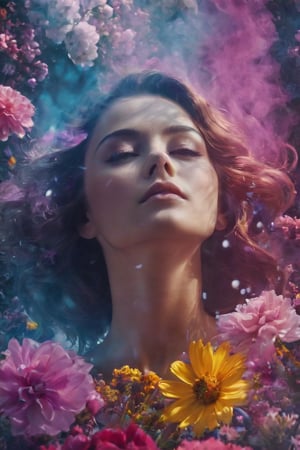 galaxy of flowers and dense smoke, photography, surreal garden, cinematics, shadows and lights, lots of color, background of a woman's face, diffusion, 8k.