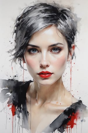 Figurative portrait of a beautiful, creepy girl with short gray hair. Milky gray eyes. Soft red lips. Black cover. Very sensual and attractive face, white background. Dramatic brushstrokes,

muted colors of cold tones,

Light and movement in impressionist style. Paint streaks. By Carne Griffiths,

russian mills,

Mark Deamstader,

Andrés lies,

wadim kashin,

degas,

monet. Very sensual expression. Impressionist emotional portrait. uhd