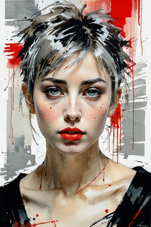 Figurative portrait of a beautiful, creepy girl with short gray hair. Milky gray eyes. Soft red lips. Black cover. Very sensual and attractive face, white background. Dramatic brushstrokes,

muted colors of cold tones,

Light and movement in impressionist style. Paint streaks. By Carne Griffiths,

russian mills,

Mark Deamstader,

Andrés lies,

wadim kashin,

degas,

monet. Expression of longing. Impressionist emotional portrait. uhd