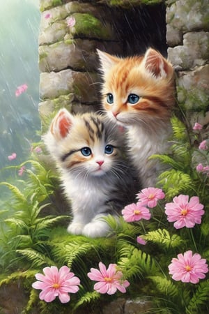 Two little cats open a hole in a mossy stone wall, while the rain continues to fall,

very detailed texture, of great pictorial beauty,

pastel colors, sun and shadows,

photorealistic,

small pink flowers little fern leaves artistic fantasy with painterly texture,

of great beauty and tenderness