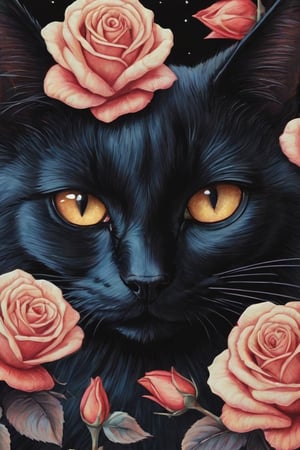 vanessa stockard,

Closeup of a black cat inspired by Dan Mumford.

top of the line roses,

night atmosphere,

Darker grunge fantasy elements reminiscent of the style of an old masterpiece of the greatest painters in watercolors,

Trails of small golden dots that add texture,

blurred perspective,

vintage movie aesthetic,

central focus,

digital paint,

ultra-fine details,

Dramatic lighting,