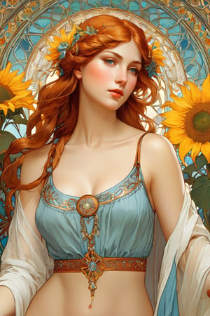 Realistic photo, thin body, detailed, Alphonse Mucha, thin female body, Leonardo da Vinci, redhead, her face with freckles, detailed porousness of the face, ultra-detailed, highlighting her beauty, braided hair, carrot color, thin open shirt, shows through her breasts, sensual neckline, pale blue eyes, smoky makeup, shorts, long legs, top view, sensual, very attractive, with a naive touch, Alphonse Mucha, floral background, with many sunflowers, very strong colors that highlight the female figure, something heavenly and magical, voltage, contrasts, perfect lighting, photorealistic. .