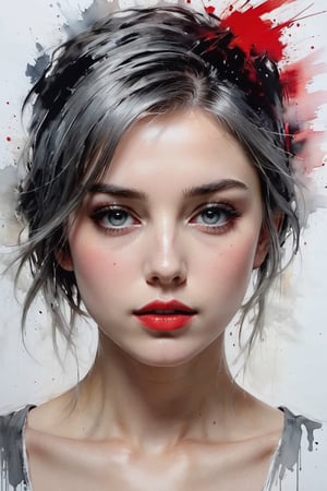 Figurative portrait of a beautiful, creepy girl with short gray hair. Milky gray eyes. Soft red lips. Black cover. Very sensual and attractive face, white background. Dramatic brushstrokes,

muted colors of cold tones,

Light and movement in impressionist style. Paint streaks. By Carne Griffiths,

russian mills,

Mark Deamstader,

Andrés lies,

wadim kashin,

degas,

monet. Very sensual expression. Impressionist emotional portrait. uhd