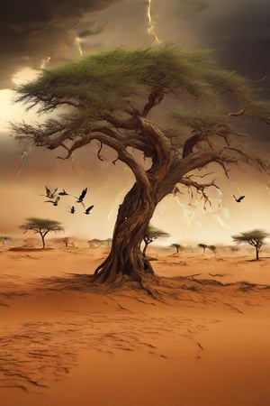 several baoba trees (tree of life), sandy terrain, swirls, windy, running animals, details, color, intensity, desert characteristics, little vegetation, background of a storm, lightning, lighting, light and darkness, chaotic afternoon in Africa , many birds flying, chaos, photographic, cinematic, hyperrealistic, 18k