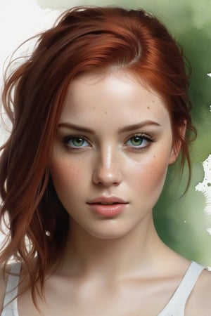 portrait of a young woman,

Red hair,

freckles on her face that highlight her beauty,

soft green eyes,

Very detailed,

a painting of a woman Pencil sketches by Albert Eckhout charming,

full color,

sticker of a full-length photo of a beautiful woman,

beautiful face very detailed,

freedom,

soul,

digital illustration,

approaching perfection,

dynamic,

Very detailed,

watercolor painting,

art station,

conceptual art,

smooth,

sharp focus,

illustration in the style of artists such as Russ Mills,

sakimichan,

Oh!

disgusting,

germ of art,

Darek Zabrocki

and Jean-Baptiste Monge