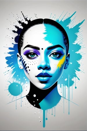Futuristic paint splatter,girl face,front view,very beautiful,dreamy,Basquiat inspired look,creamy white,sky blue,green colors,design,high end designer look,vector,high resolution,8k,Illustration,Masterpiece,<lora:659111690174031528:1.0>