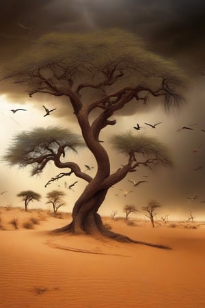 several baoba trees (tree of life), sandy terrain, swirls, windy, running animals, details, color, intensity, desert characteristics, little vegetation, background of a storm, lightning, lighting, light and darkness, chaotic afternoon in Africa , many birds flying, chaos, photographic, cinematic, hyperrealistic, 18k