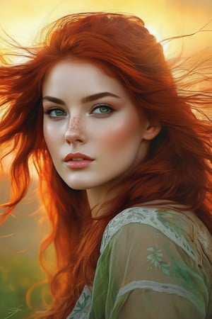 portrait of a young woman,

in the sunset in the countryside,

reflections, light dark,

Red hair, loose in the wind,

freckles on her face that highlight her beauty,

soft green eyes,

Very detailed,

a painting of a woman Pencil sketches by Albert Eckhout charming,

full color,

sticker of a full-length photo of a beautiful woman,

beautiful face very detailed,

freedom,

soul,

digital illustration,

approaching perfection,

dynamic,

Very detailed,

watercolor painting,

art station,

conceptual art,

smooth,

sharp focus,

illustration in the style of artists such as Russ Mills,

sakimichan,

Oh!

disgusting,

germ of art,

Darek Zabrocki

and Jean-Baptiste Monge