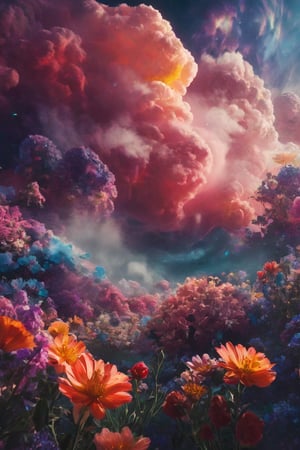 galaxy of flowers and smoke, photography, surreal, cinematic, shadows and lights, lots of color, 8k.