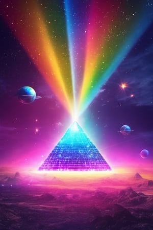 Diamond pyramid with dots shooting lights, like rays of light, rainbow colors, towards the sky, cosmic, planets and aliens, surreal sci-fi movie, 4k