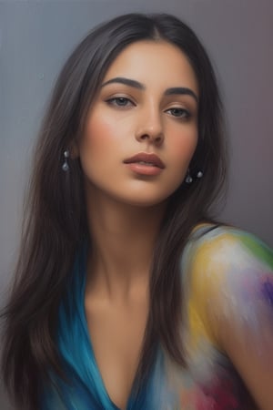 Young woman,

Oil painting with heavy strokes and visible paint drops.

filling technique,

saturated colors,

prominent canvas texture,

capturing the interplay of light and shadow,

impressionist influence,

Ultra-fine detail. by Saroj Sahu, Martial Raysse, Ray Turner Cesar Santos