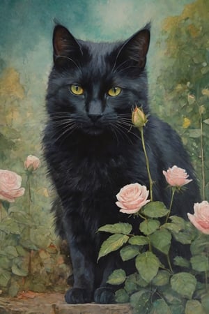 (((vanessa stockard,

art in watercolor painting,Martial Raysse,Anselm Kiefer,Miquel Barceló))),

Closeup of a beautiful black cat with soft green eyes,

top of the line roses,

night atmosphere,

Darker grunge fantasy elements reminiscent of the style of an ancient masterpiece by the greatest painters in watercolors.

Trails of small golden dots that add texture,

blurred perspective,

vintage movie aesthetic,

central focus,

digital paint,

ultra-fine details,

Dramatic lighting,