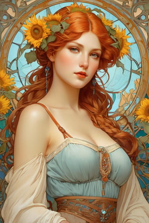 Realistic photo, thin body, detailed, Alphonse Mucha, thin female body, Leonardo da Vinci, redhead, her face with freckles, detailed porousness of the face, ultra-detailed, highlighting her beauty, braided hair, carrot color, thin open shirt, shows through her breasts, sensual neckline, pale blue eyes, smoky makeup, shorts, long legs, top view, sensual, very attractive, with a naive touch, Alphonse Mucha, floral background, with many sunflowers, very strong colors that highlight the female figure, something heavenly and magical, voltage, contrasts, perfect lighting, photorealistic. .