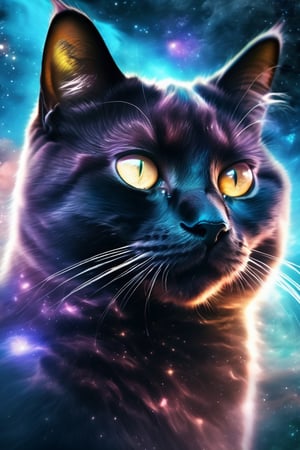 Interstellar nebula, beautiful head of a black cat covered by nebula, blurred colors, realistic, 4k.,realcat,composed of elements of thunder锛宼hunder锛宔lectricity