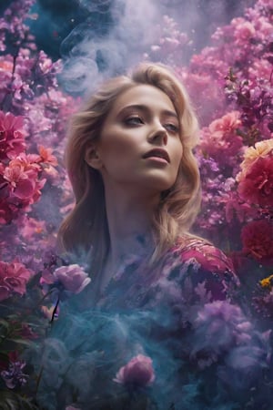 galaxy of flowers and dense smoke, photography, surreal garden, cinematics, shadows and lights, lots of color, background of a woman's face, diffusion, 8k.