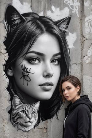 A beautiful young woman with short hair poses next to the face of a cat, (((drawn on a stone wall in the form of graffiti))),

(((black and white drawing))),

Dirk Dzimirsky, Jeanette Sirois,



very detailed face, porosity,

Ultra High Definition,

realistic,

vivid colors,

Very detailed,

UHD drawing,

pen and ink,

perfect composition,

Beautiful, detailed, intricate and incredibly detailed octane rendering that is trending on artstation,

8k art photography,

photorealistic conceptual art,

Smooth natural volumetric cinematic perfect light,

(((black and white art, photorealistic)))
