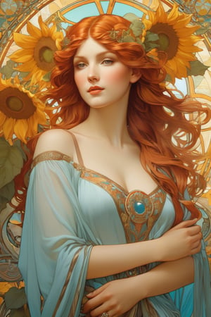 Realistic photo, thin body, detailed, Alphonse Mucha, thin female body, Leonardo da Vinci, redhead, her face with freckles, detailed porousness of the face, ultra-detailed, highlighting her beauty, braided hair, carrot color, thin open shirt, shows through her breasts, sensual neckline, pale blue eyes, smoky makeup, shorts, long legs, top view, sensual, very attractive, with a naive touch, Alphonse Mucha, floral background, with many sunflowers, very strong colors that highlight the female figure, something heavenly and magical, voltage, contrasts, perfect lighting, photorealistic. .