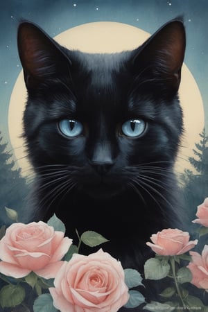 (((vanessa stockard,

watercolor art, Martial Raysse, Anselm Kiefer, Miquel Barceló))),

Close-up of a beautiful black cat with soft light blue eyes,

top of the line roses,

night atmosphere,

Darker grunge fantasy elements reminiscent of the style of an old masterpiece by the greatest watercolor painters.

Trails of small golden dots that add texture,

blurred perspective,

vintage movie aesthetic,

central focus,

digital paint,

ultra-fine details,

Dramatic lighting,