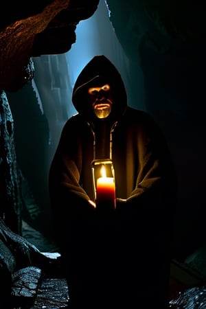 A dark, hooded figure approaches an abandoned mine, in a cave illuminated by candles, stalactites hang, dark character, very realistic, photography, focus, diffuse lighting, Ivan Shishkin and Greg Rutkowski