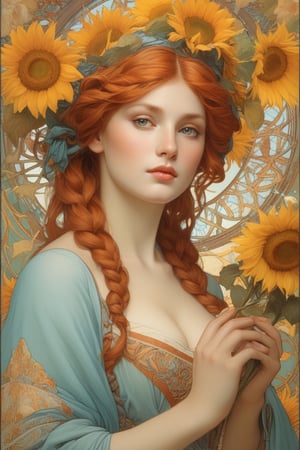 Realistic photo, thin body, detailed, Alphonse Mucha, thin female body, Leonardo da Vinci, redhead, her face with freckles, detailed porousness of the face, ultra-detailed, highlighting her beauty, braided hair, carrot color, thin open shirt, shows through her breasts, sensual neckline, pale blue eyes, smoky makeup, shorts, long legs, top view, sensual, very attractive, with a naive touch, Alphonse Mucha, floral background, with many sunflowers, very strong colors that highlight the female figure, something heavenly and magical, voltage, contrasts, perfect lighting, photorealistic. .