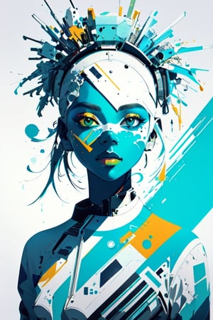 Futuristic paint splatter,girl face,front view,very beautiful,dreamy,Basquiat inspired look,creamy white,sky blue,green colors,design,high end designer look,vector,high resolution,8k,Illustration