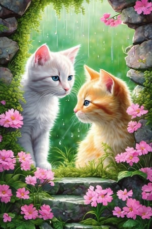 Two little cats open a hole in a mossy stone wall, while the rain continues to fall,

very detailed texture, of great pictorial beauty,

pastel colors, sun and shadows,

photorealistic,

small pink flowers little fern leaves artistic fantasy with painterly texture,

of great beauty and tenderness,ink 