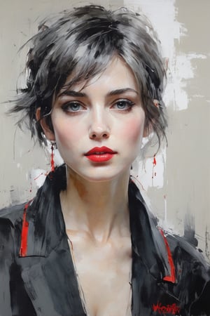 Figurative portrait of a beautiful, creepy girl with short gray hair. Milky gray eyes. Soft red lips. Black cover. Very sensual and attractive face, white background. Dramatic brushstrokes,

muted colors of cold tones,

Light and movement in impressionist style. Paint streaks. By Carne Griffiths,

russian mills,

Mark Deamstader,

Andrés lies,

wadim kashin,

degas,

monet. Very sensual expression. Impressionist emotional portrait. uhd