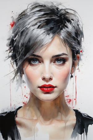 Figurative portrait of a beautiful, creepy girl with short gray hair. Milky gray eyes. Soft red lips. Black cover. Very sensual and attractive face, white background. Dramatic brushstrokes,

muted colors of cold tones,

Light and movement in impressionist style. Paint streaks. By Carne Griffiths,

russian mills,

Mark Deamstader,

Andrés lies,

wadim kashin,

degas,

monet. Very sensual expression. Impressionist emotional portrait. uhd