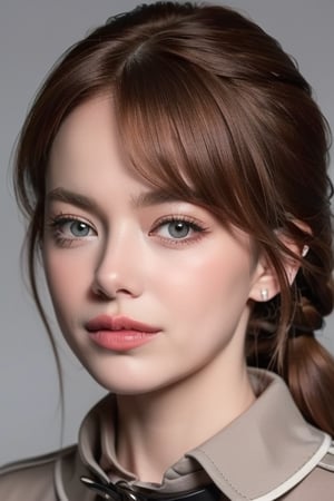 1girl
solo
brown hair
closed mouth
grey background
collar
lips
realistic ,beauty,masterpiece,best quality,1girl,emst 