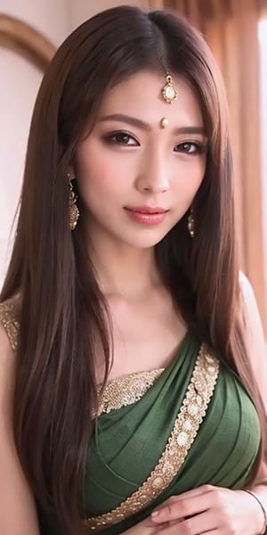 A close-up portrait of a beautiful Japan woman with a serene expression. She has deep brown eyes that reflect warmth and wisdom. Her long, dark hair is adorned with delicate jasmine flowers, falling in loose waves around her face. She is wearing a traditional silk saree in a rich maroon color with intricate golden embroidery. Her jewelry includes a pair of delicate gold jhumka earrings and a small bindi on her forehead. The background is softly blurred, with hints of vibrant green foliage, giving a natural and harmonious feel to the image. The lighting is soft and natural, highlighting her flawless skin and the intricate details of her attire.,nami 