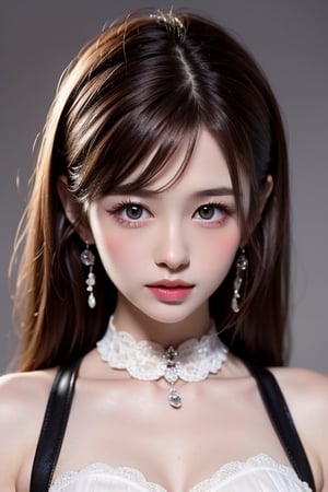 1girl
solo
brown hair
closed mouth
grey background
collar
lips
realistic ,beauty,yui,masterpiece,best quality,1 girl,sy ,1girl
