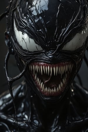 A Detailed portrait of the upper body of a beautiful Asian girl whose body is transformed into venom and a thick black symbiotic tendril snakes across her face and body.  Her head retains a female appearance, with wide eyes and trembling lips showing a frightened expression.  Focusing on the stark contrast between her head and body, highlighting the Venom symbiote's smooth, textured skin as well as the person's inner struggle with the alien entity.  Chiaroscuro lighting, surreal style, with a hint of dark fantasy.  The Venom symbiote's deep blacks, reds, and blues contrast sharply with its natural skin color.  Dark, abstract background.,epoin 