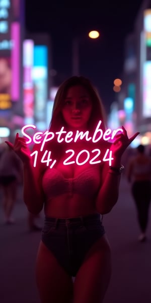 A vibrant image of a woman holding a neon sign that reads "September 14, 2024" in flashing rainbow-colored neon lights.   The scene is set during a busy night in Tokyo, with the logo casting a bright, contrasting light.    The woman struck a sexy pose, her silhouette clearly visible against the glowing logo.    The composition focuses on the interplay of light and shadow against a busy backdrop, highlighting the electric glow of neon lights against the night backdrop.hirose,tyl 