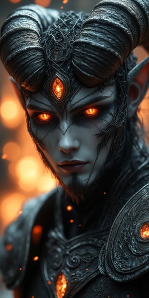 Close up portrait of an otherworldly demon with horns, glowing eyes and dark grey skin covered in black thorny vines wearing ornate silver armor in the style of fantasy art. Cinematic lighting with orange sparks and embers floating in the background create a fiery scene with high contrast, volumetric rays and bokeh. hkevil, masterpiece, best quality, highly detailed,julia